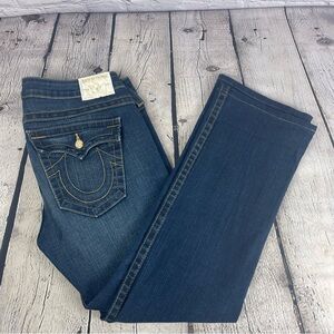 True Religion Straight Leg Jeans Women's 32‎ (34x28) Flap Pocket Gold Rhinestone